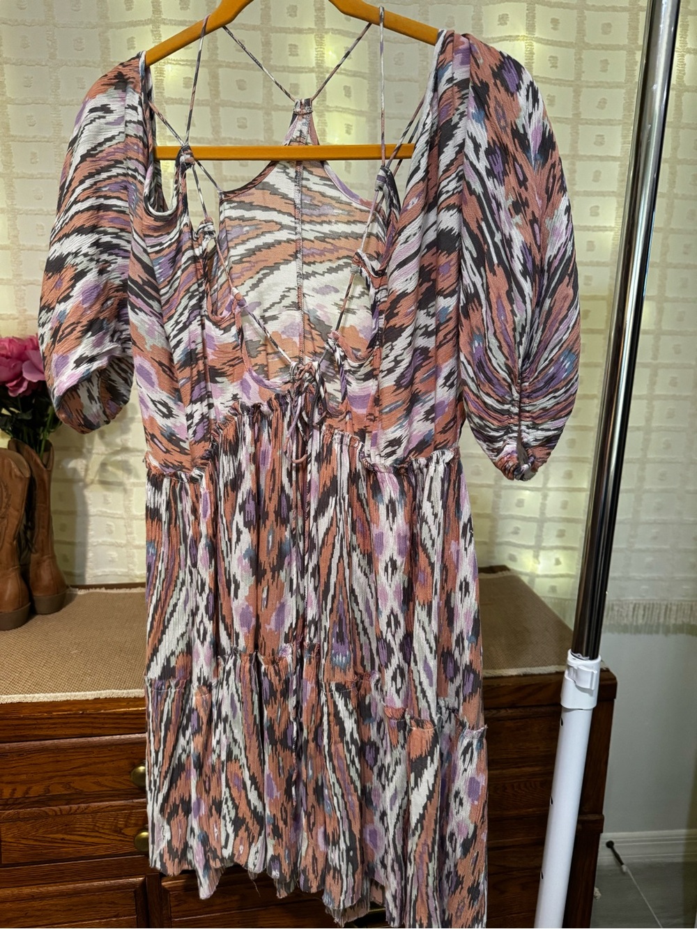 Free People Bohemian Printed Midi Dress in Peach and Lavender